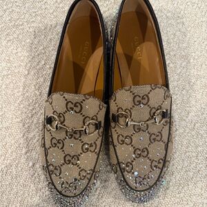 Gucci Tan and Gold Flat Loafer with Iconic GG Monogram and Swarovski crystals